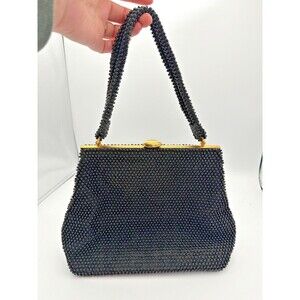 Vintage ELBIEF England Black Beaded Handbag Glass Beads Gold Frame